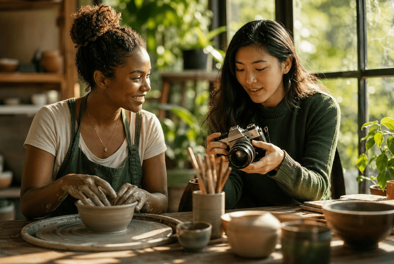 Two people exchanging skills — one teaching pottery, the other teaching film photography